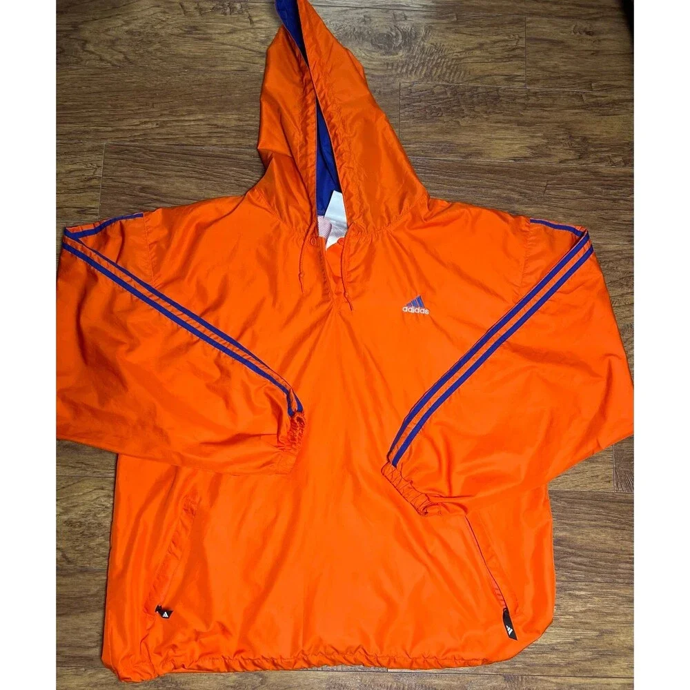 Men's Vintage 90's Adidas Orange Blue Hooded Pullover Windbreaker Jacket Sz XL